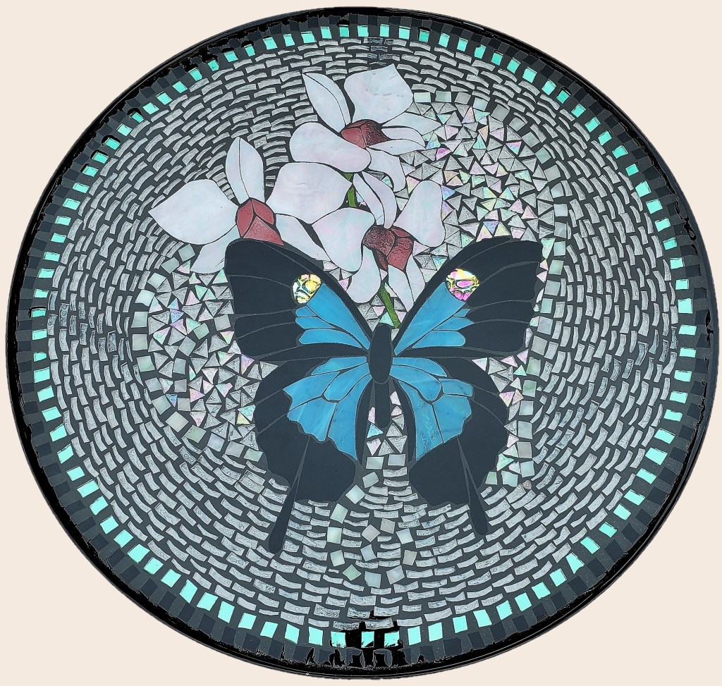 Dancing Wings stained glass mosaic table by It Ain't Plain By Jane.