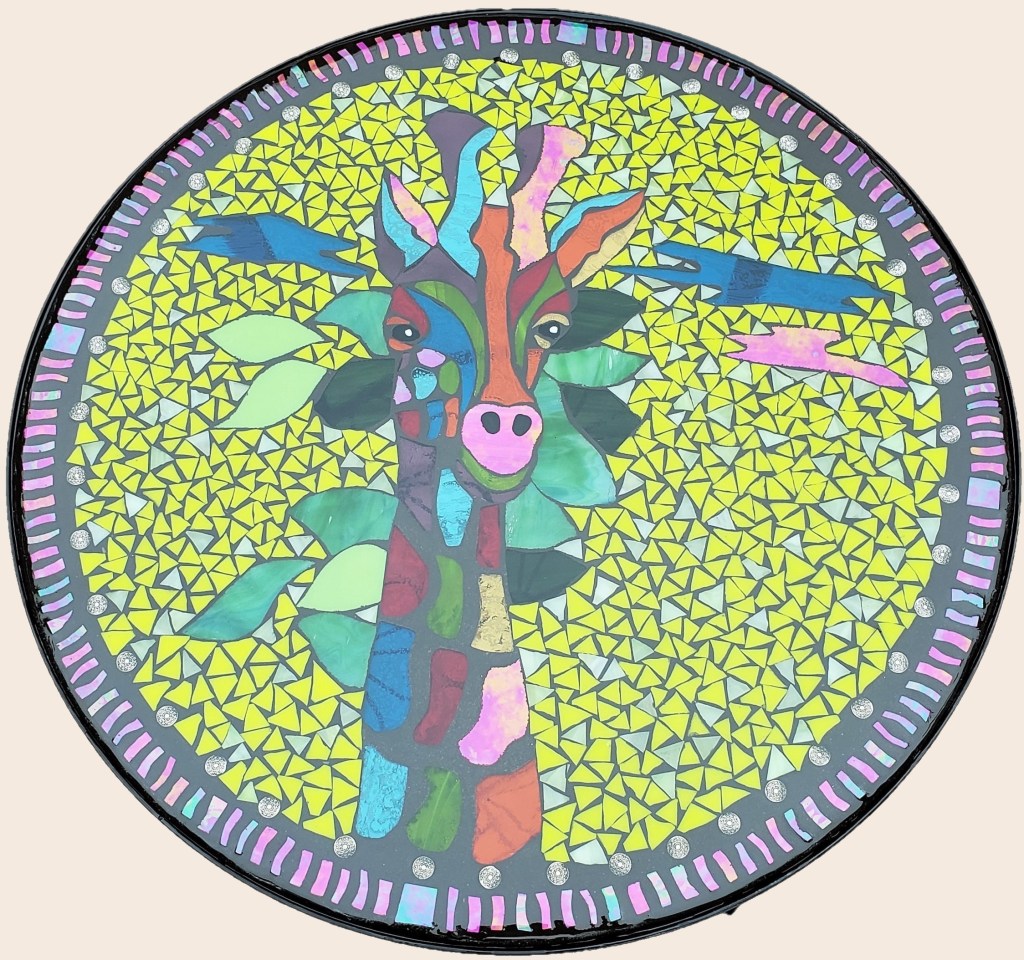 Soulful Giraffe stained glass mosaic table by It Ain't Plain By Jane.