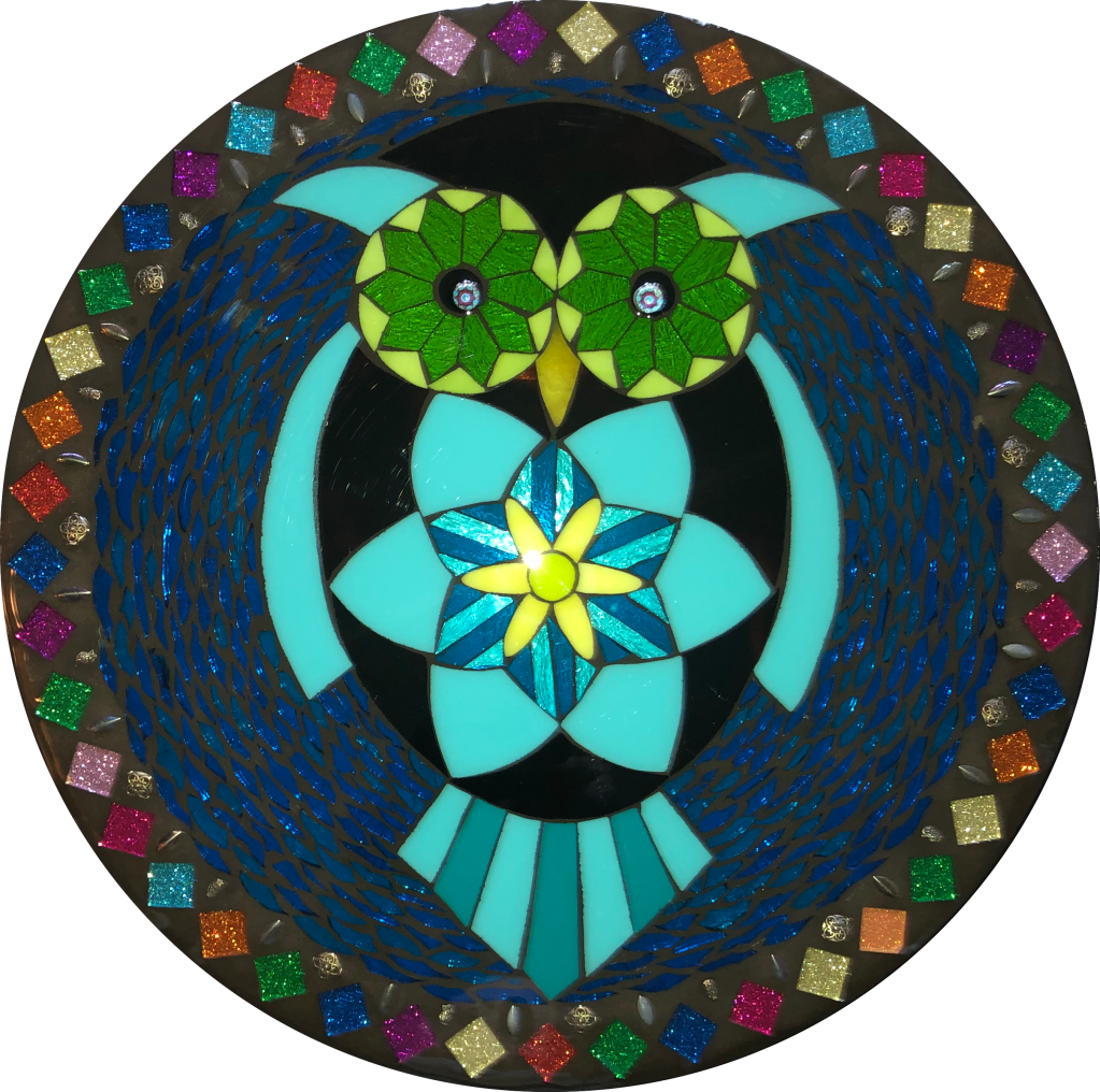 Wise Owl stained glass mosaic table by It Ain't Plain By Jane.