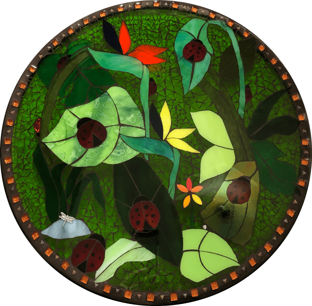 Ladybug Garden stained glass mosaic table by It Ain't Plain By Jane.