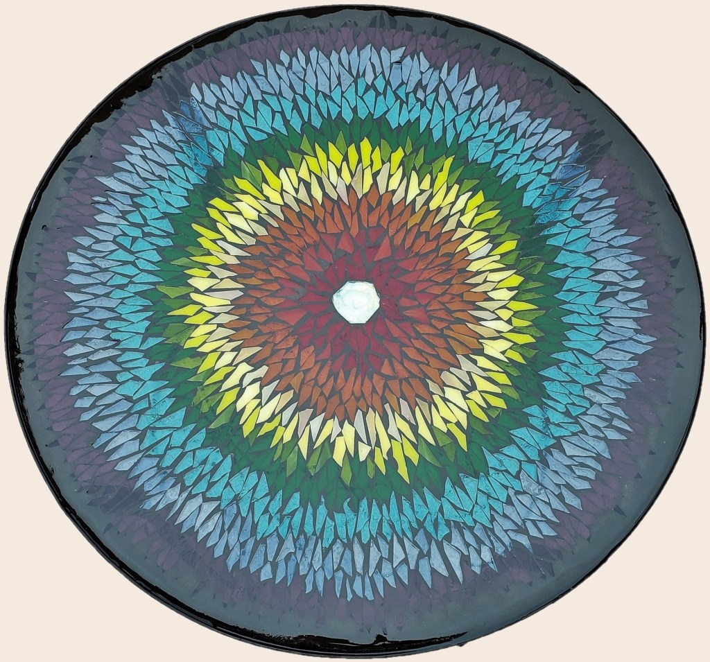 Chakra Wheel stained glass mosaic table by It Ain't Plain By Jane.